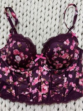 NWT Victoria’s Secret Dream Angels Burgundy Floral Lace Up Corset Bra Top Sz 32C